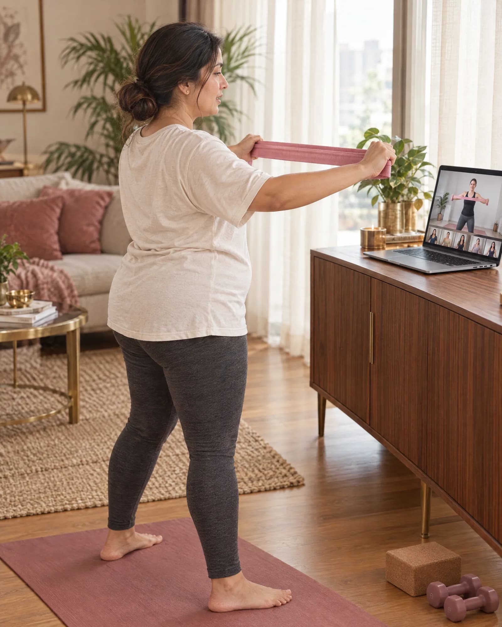 A new mother in a loose T-shirt tries a slow resistance-band pull-apart while the coach shows it on her laptop