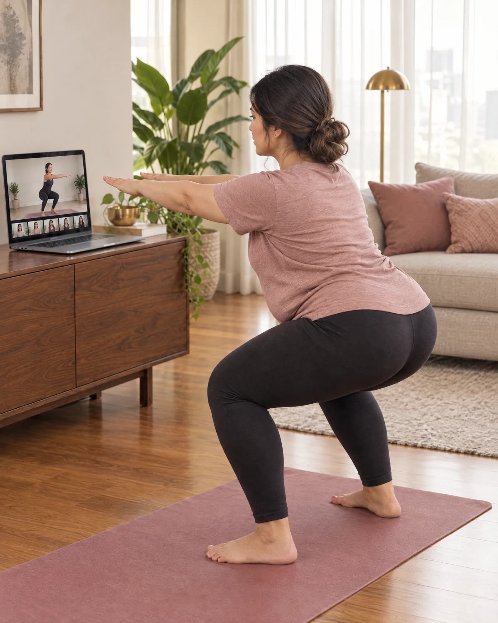 On her mat she sinks into a slow bodyweight squat, copying the coach on the laptop in front of her
