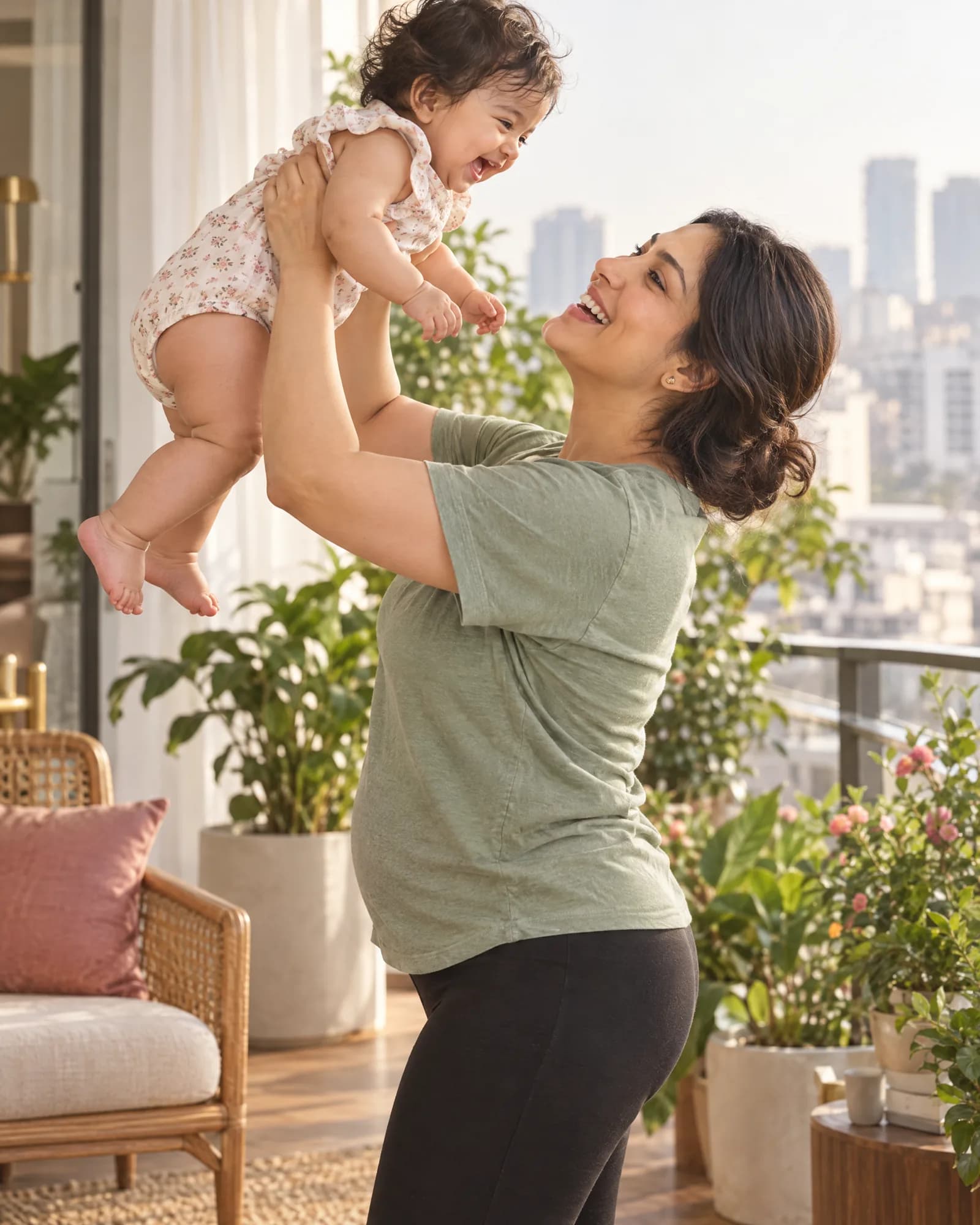 On her balcony she lifts her laughing baby daughter high above her head