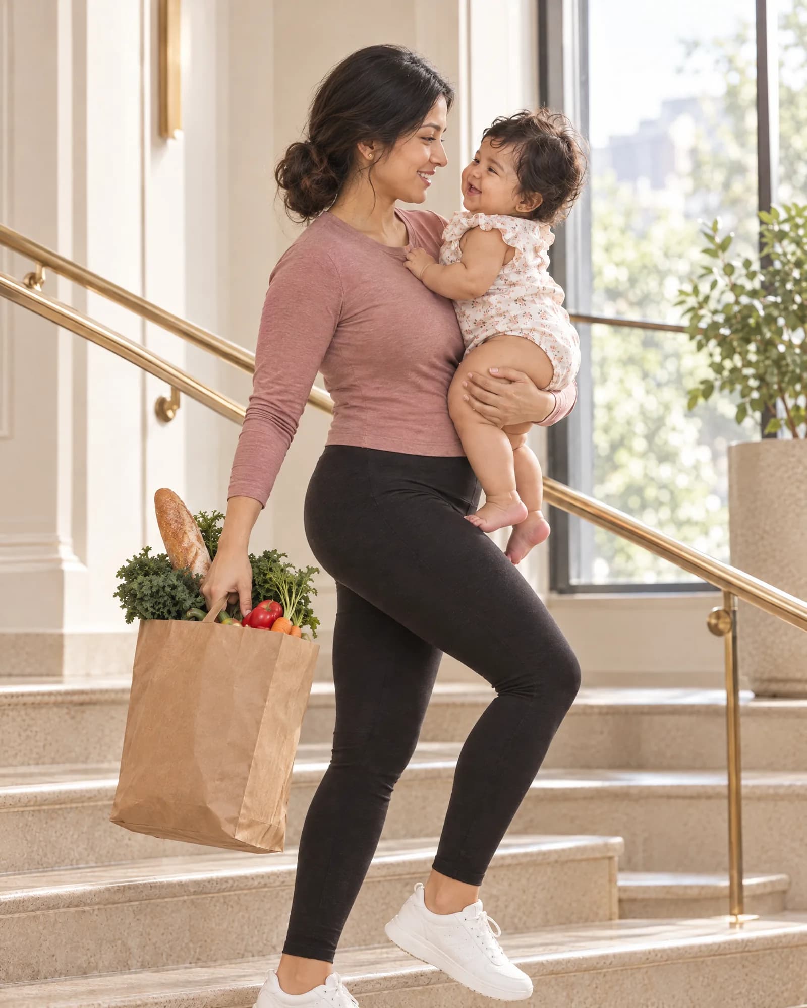She climbs the stairs of her building with her baby on her hip and a bag of groceries, smiling