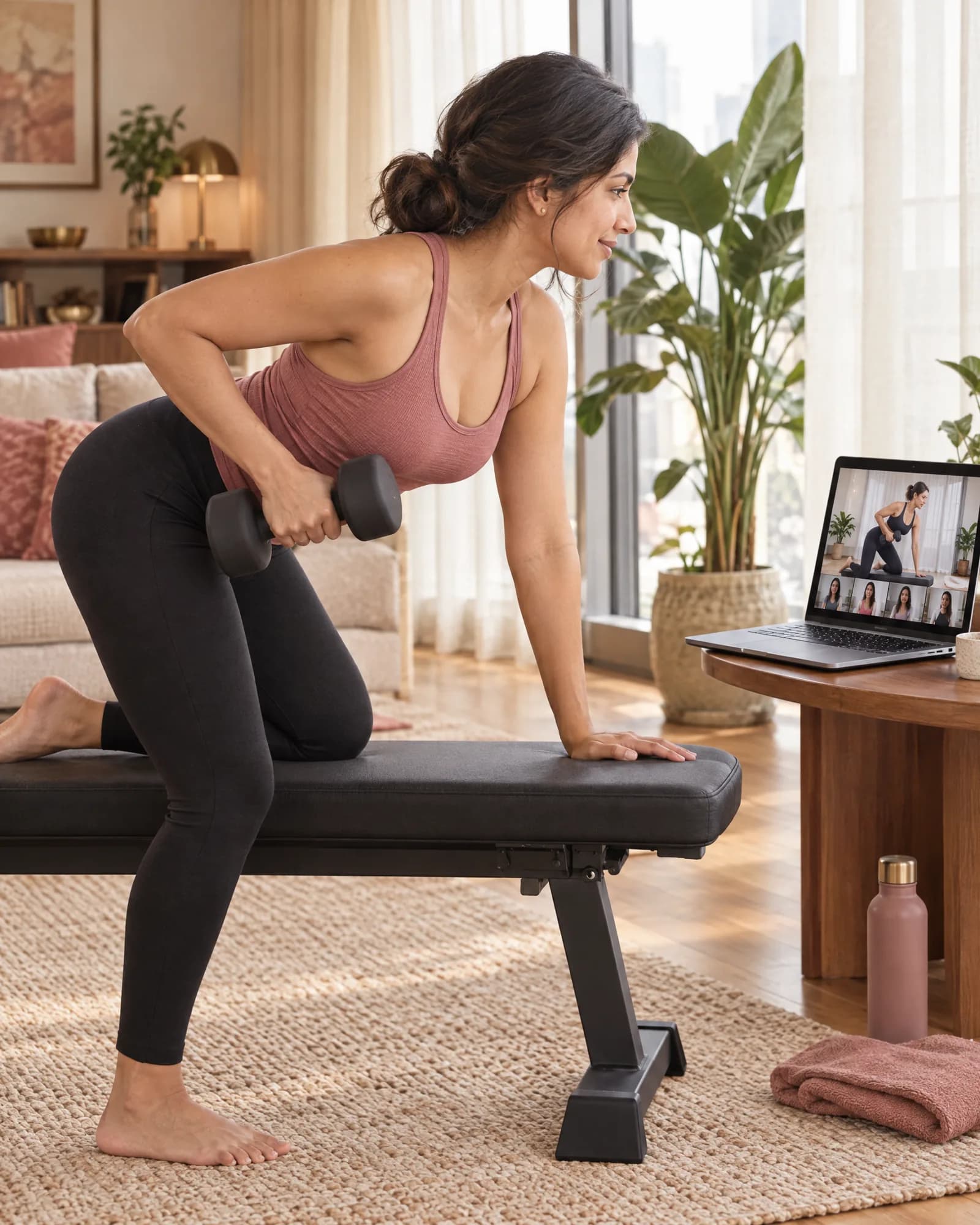 She does a one-arm dumbbell row braced on a bench, watching the coach on her laptop