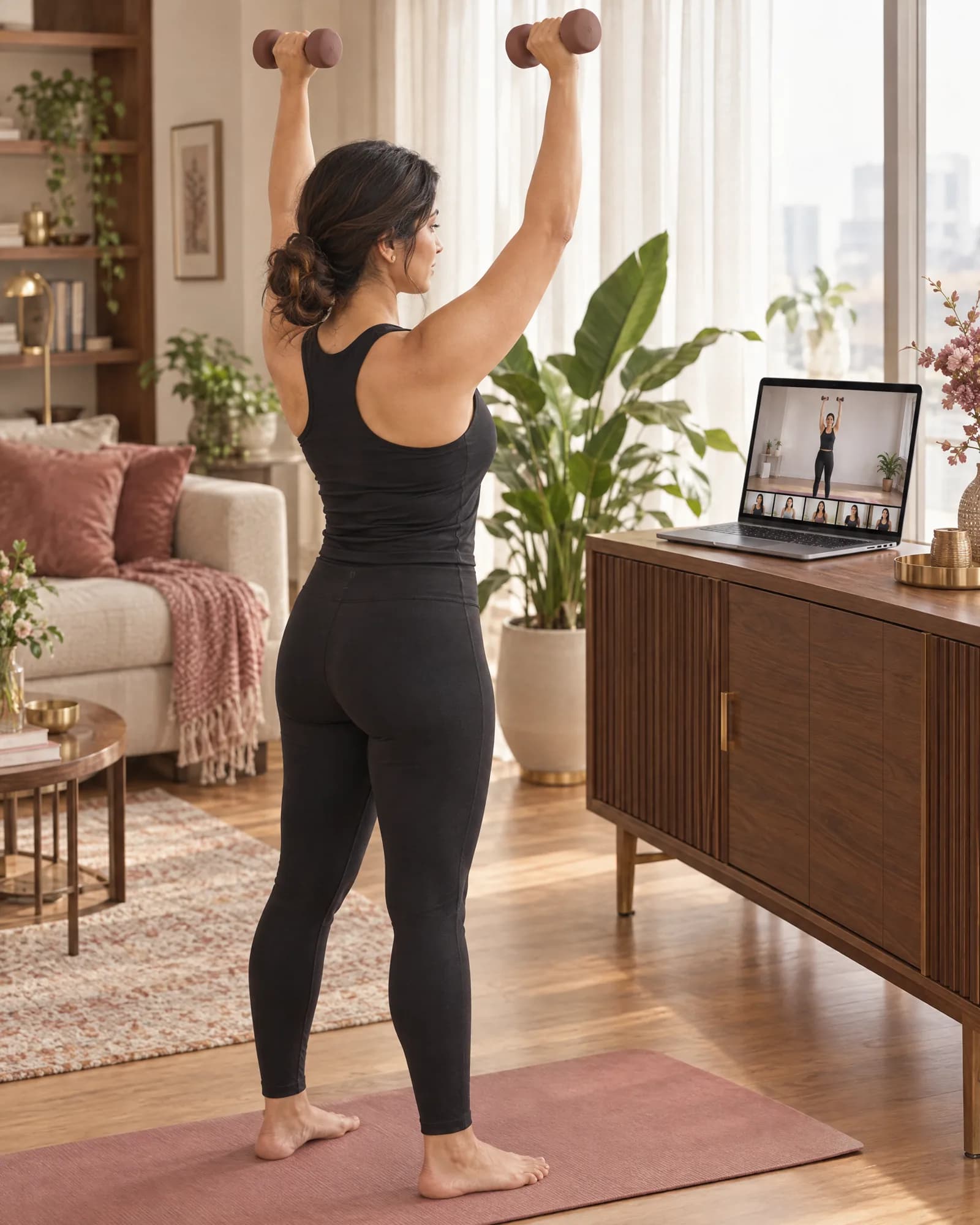 She stands tall on her mat pressing two dumbbells overhead, following the coach on her laptop