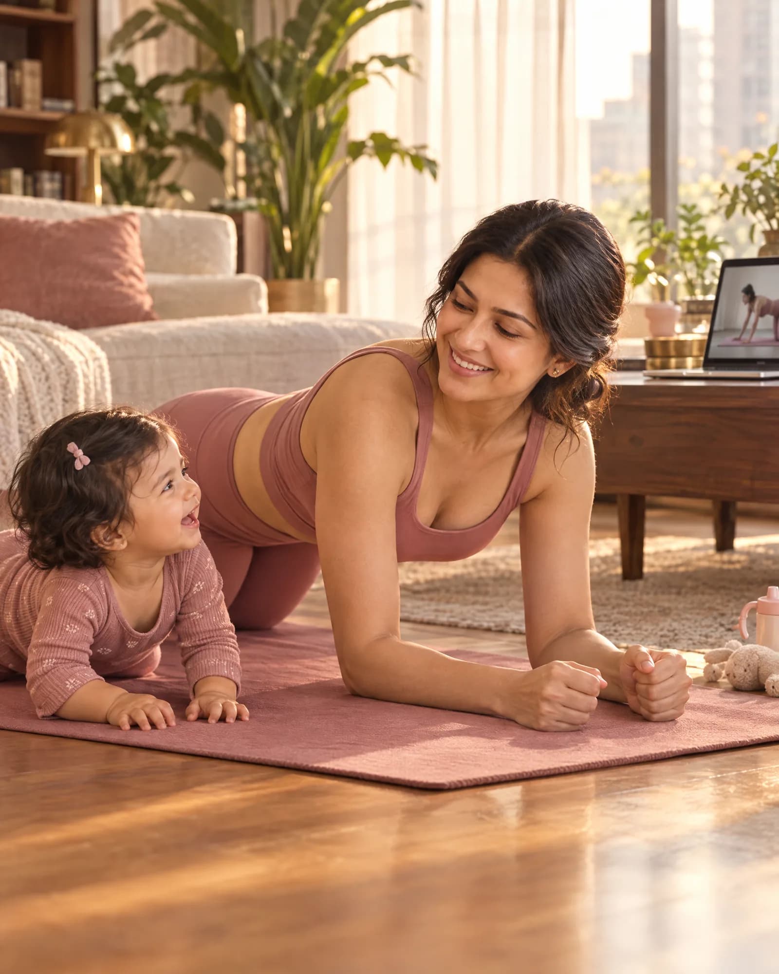 She holds a knee plank on her mat while her baby daughter crawls beside her and copies her, both laughing